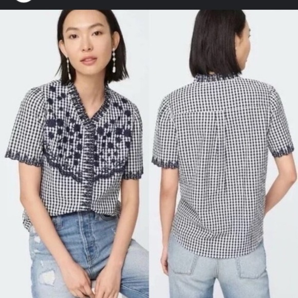 J. Crew Tops - J Crew Embroidered Navy Gingham Button Up Top Short Sleeve Ruffle fall casual